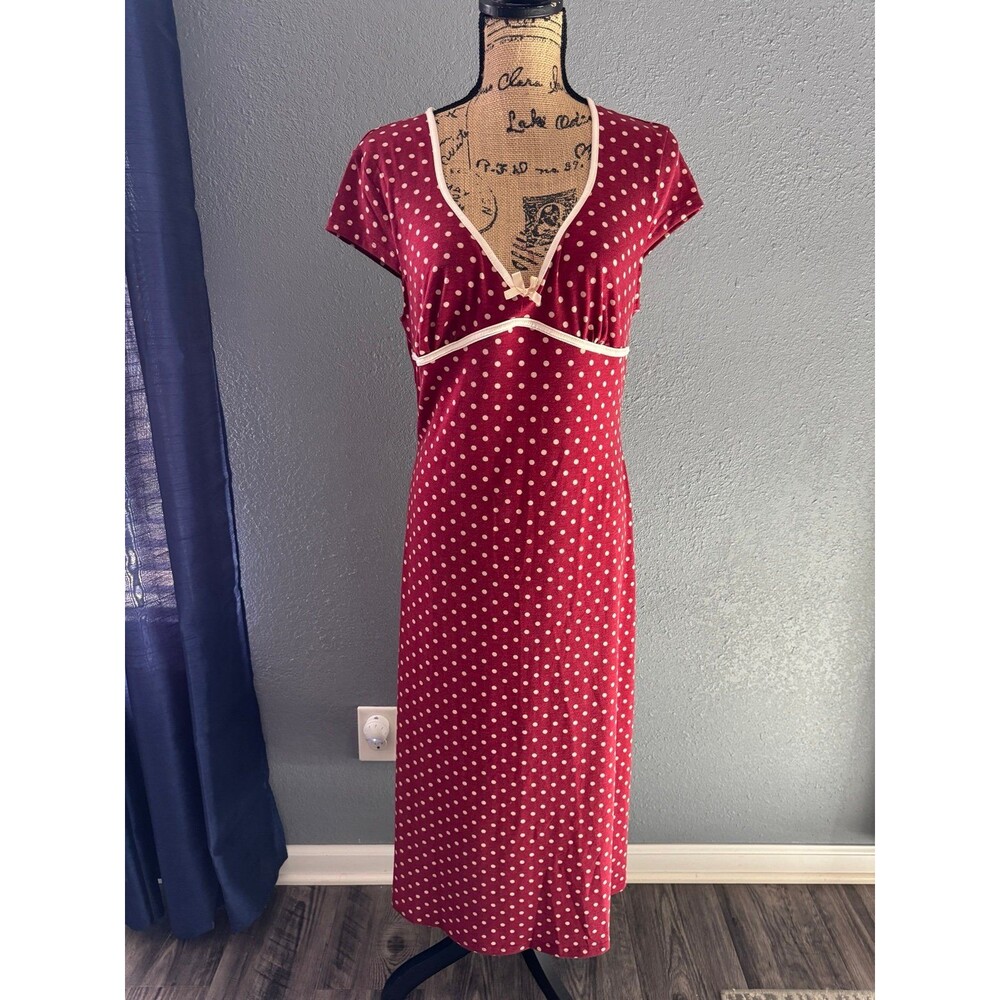 Cider Women's L Polka Dot Knit Midi Dress featuring a V-neck, bowknot detail